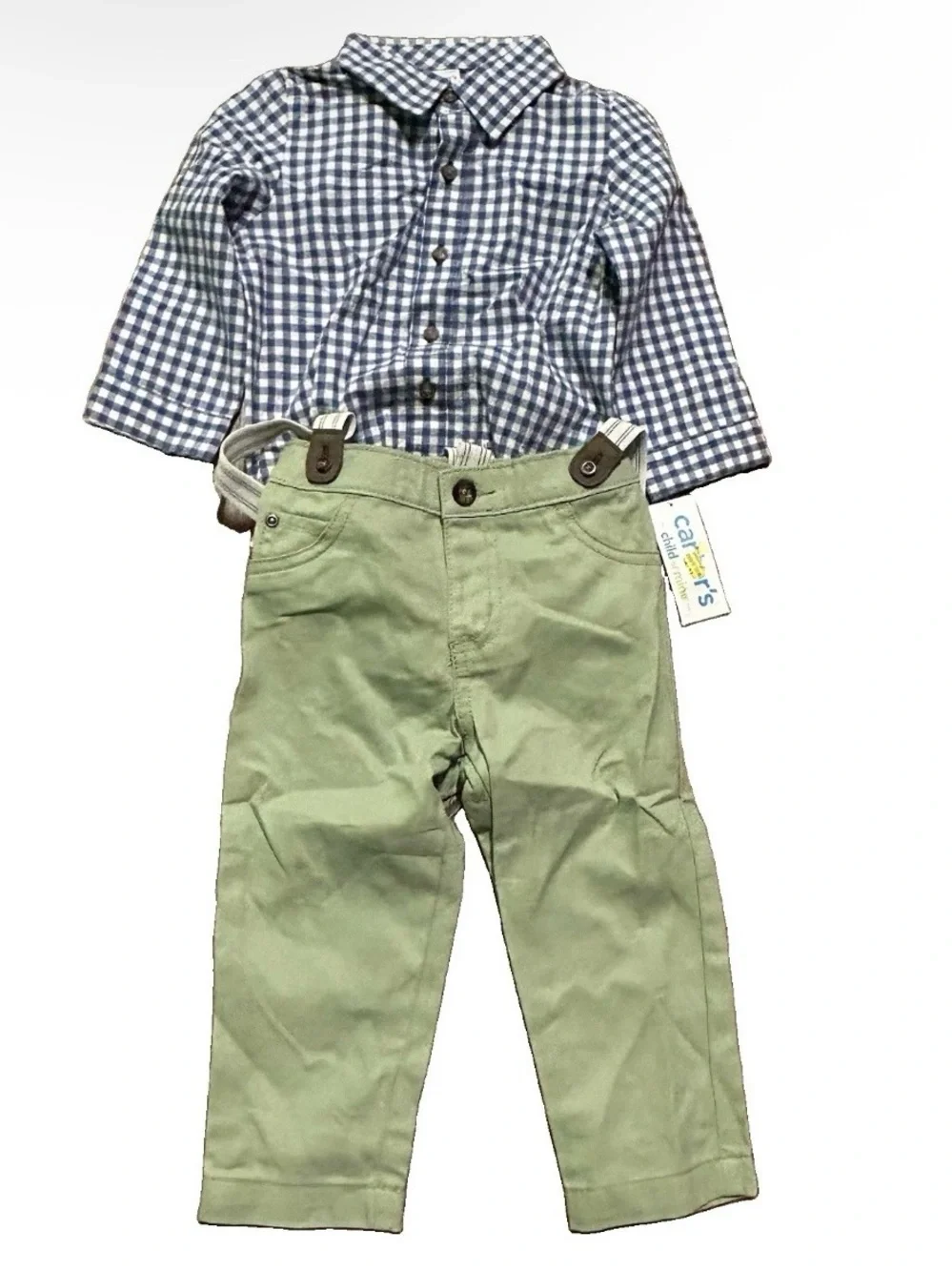 NWT Toddler Boy Outfit Green Khaki Pants Button Up Bodysuit Size 12-18 Months
